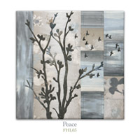 Quilt block with stylized tree and flock of birds flying in neutral floral patterns