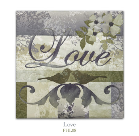 Quilt block with the word "Love," stylized flowers and birds in earthy floral patterns