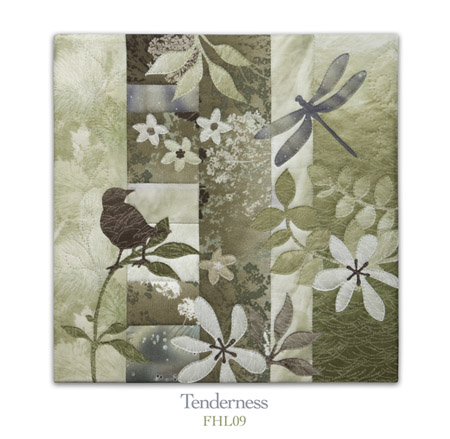 Quilt block with stylized bird on a tree branch and dragonfly in earthy floral patterns