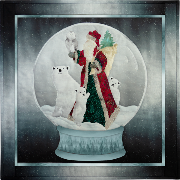 Saint Nick holds a wise owl while polar bears gather around in a winter snow globe scene