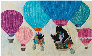 mama bear and her two babies floating in a group of hot air balloons, waving at each other! mama continues her mission collecting fabric.