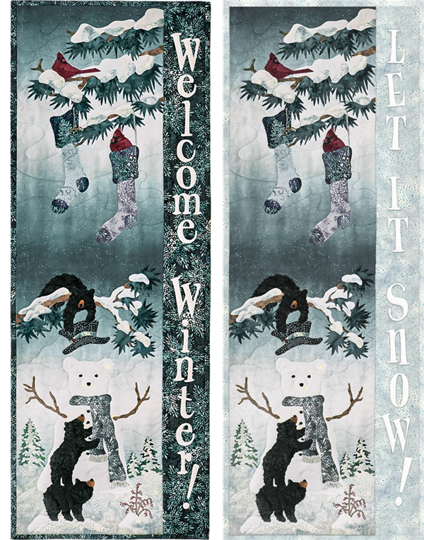 Three bears playfully dress a snowman while cardinals look down from a bough above from which hang holiday stockings