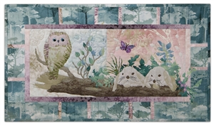 Quilt block of an owl resting on a log, near two nervous bunnies, while a butterfly flutters unconcerned