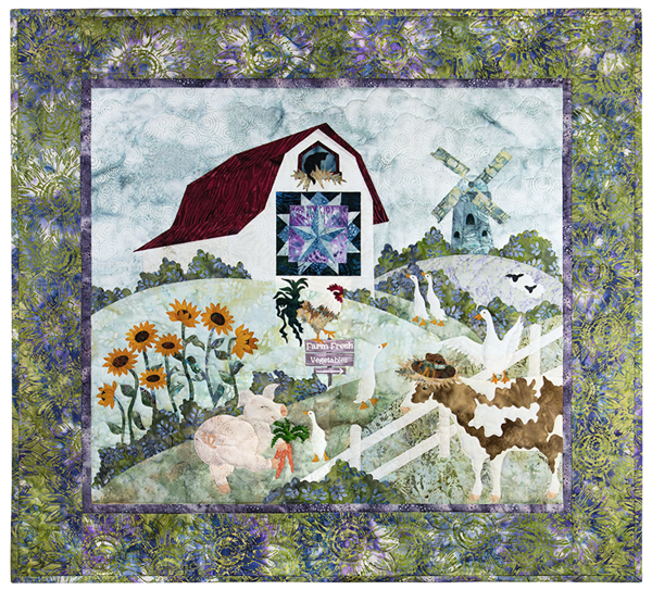a farm scene with a pig, geese, a cow, a rooster, a barn cat, and sheep. There is a windmill on the hillside, a field of sun flowers and a quilt on the barn wall.