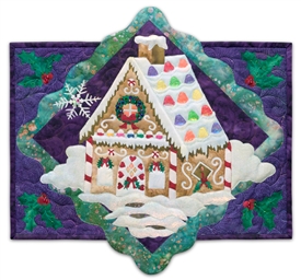 Quilt block of the best kind of house: the kind made out of gingerbread and covered with candy.