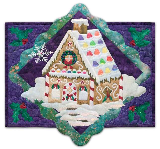 Quilt block of the best kind of house: the kind made out of gingerbread and covered with candy.