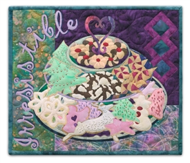 Quilt block of a tiered plate of sugar cookies, chocolate crackle cookies, shortbread cookies with cherries, and cherry pinwheel danish.