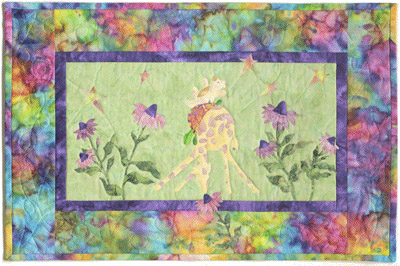 Quilt block of Giraffe and Teddy from block one playing in a field of purple coneflower