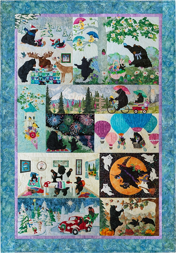 A 12 block quilt with each month of the year represented in the blocks!