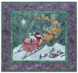 Quilt block of Santa guiding his reindeer through the sky over a sleeping village in the dead of night, towards the North Star.