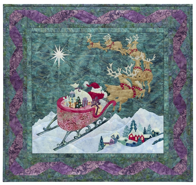 Quilt block of Santa guiding his reindeer through the sky over a sleeping village in the dead of night, towards the North Star.