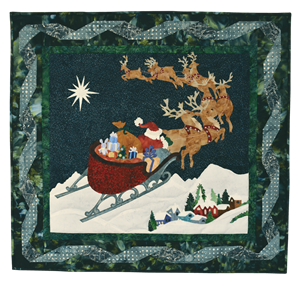 Quilt block of Santa guiding his reindeer through the sky over a sleeping village in the dead of night, towards the North Star.