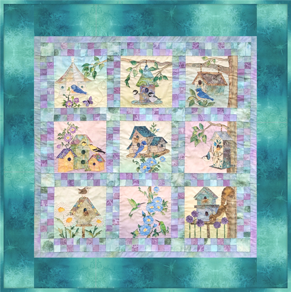 McKenna's Home Tweet Home fabric panels in a pieced quilt featuring Jewel Basin fabrics