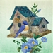 a fabric panel with a birdhouse and a bluebird