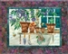 Quilt block of a potting bench with tools, and the bees attracted by the potted wisteria.