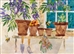 Quilt block of a potting bench with tools, and the bees attracted by the potted wisteria.