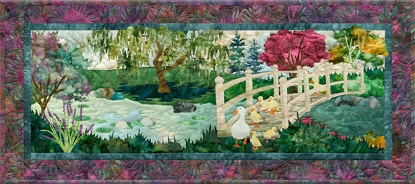 Quilt block of Mama Duck leading her family over the bridge to get to the pond.