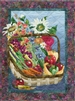 Quilt block of a basket of freshly harvested produce and flowers from an abundant garden.