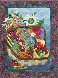 Quilt block of a basket of freshly harvested produce and flowers from an abundant garden.