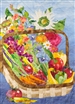 Quilt block of a basket of freshly harvested produce and flowers from an abundant garden.
