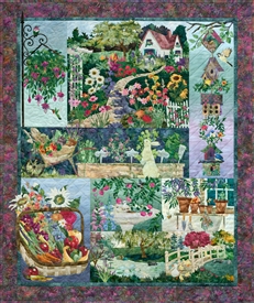 Full quilt image of an English cottage and the garden and grounds.