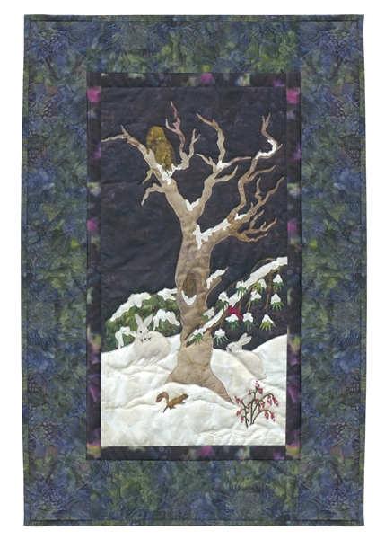 An owl, a squirrel, and a pair of bunnies spend a snowy night in the old tree.