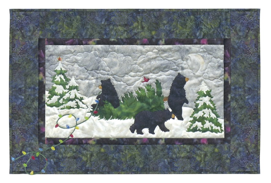 Three black bears decorate trees with colored lights.