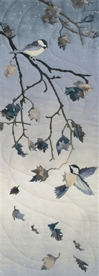Chickadees on an oak tree branch, with wind swirling the falling leaves. Laser Kit.