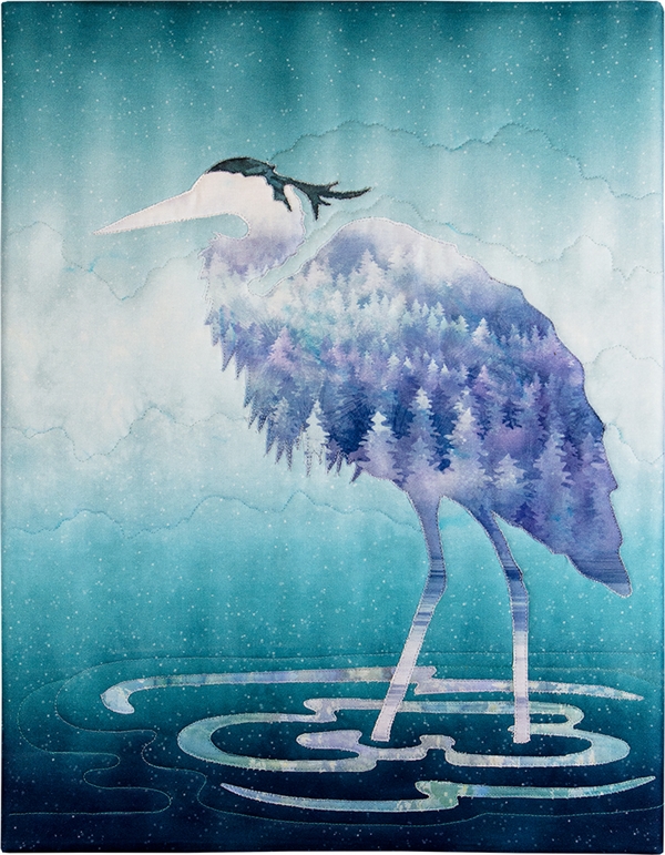 A single Heron walks across still water against a blue-green background