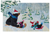 A quilt block with mama bear and her two babies sledding down a snowy hill.
