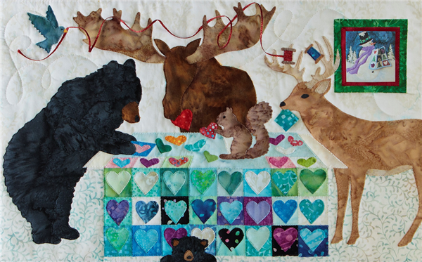 A quilt block with a Moose, mama and baby bear, a deer and a squirrel assembling a quilt of heart blocks.