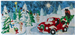 mama bear and her cubs are in their classic red pickup truck, pulling away from a snow covered Christmas tree lot with their tree. the lot is all lit up with glittering lights and covered in a blanket of snow.