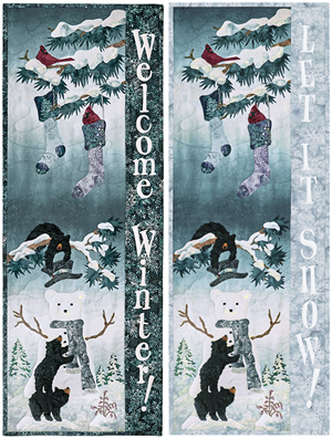 Let It Snow - Three bears playfully dress a snowman while cardinals look down from a bough above from which hang holiday stockings
Welcome Winter - Three bears playfully dress a snowman while cardinals look down from a bough above from which hang holiday