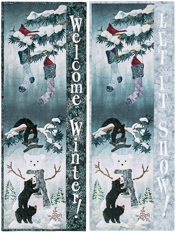 Let It Snow - Three bears playfully dress a snowman while cardinals look down from a bough above from which hang holiday stockings
Welcome Winter - Three bears playfully dress a snowman while cardinals look down from a bough above from which hang holiday