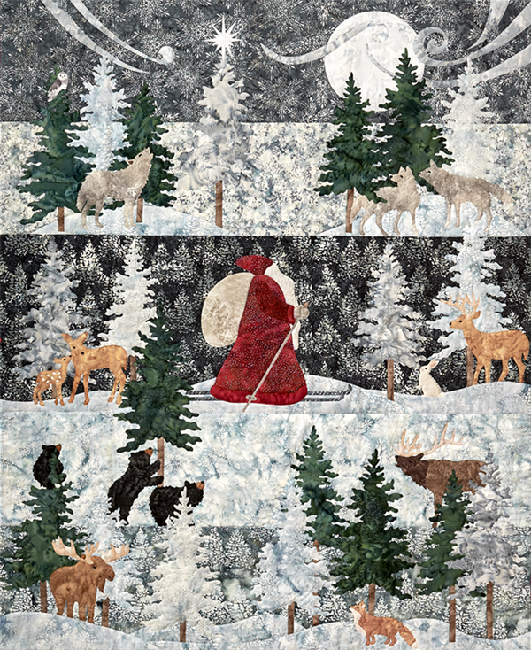 A three block starlit night scene featuring Santa, wolves, deer, moose, elk, bear, fox and a bunny