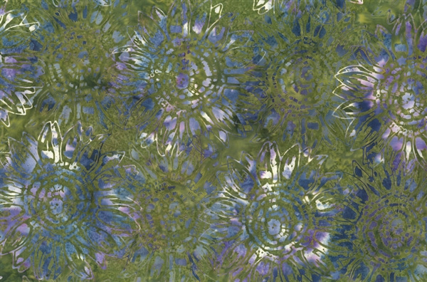 Batik fabric print of sunflowers in olive green with blue, purple and cream.