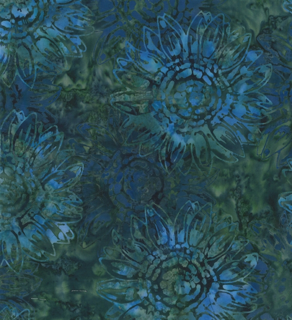 Batik fabric print of sunflowers in emerald greens and deep blues.