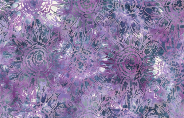 Batik fabric print of sunflowers in amethyst purple with dusty blue accents.