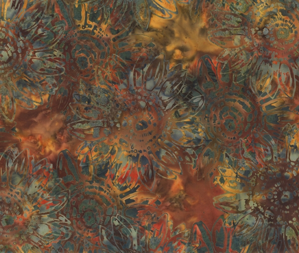 Batik fabric print of sunflowers in a deep Autumn color palette.