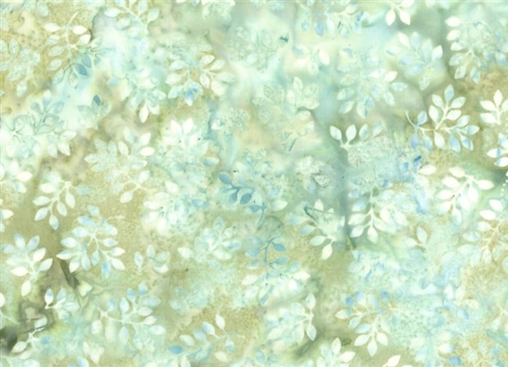 Batik fabric print of tiny leaves in moss green, sea-foam green and light blues.