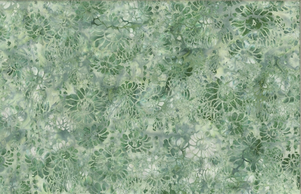 Batik fabric print of succulents and flowers in tones of medium green