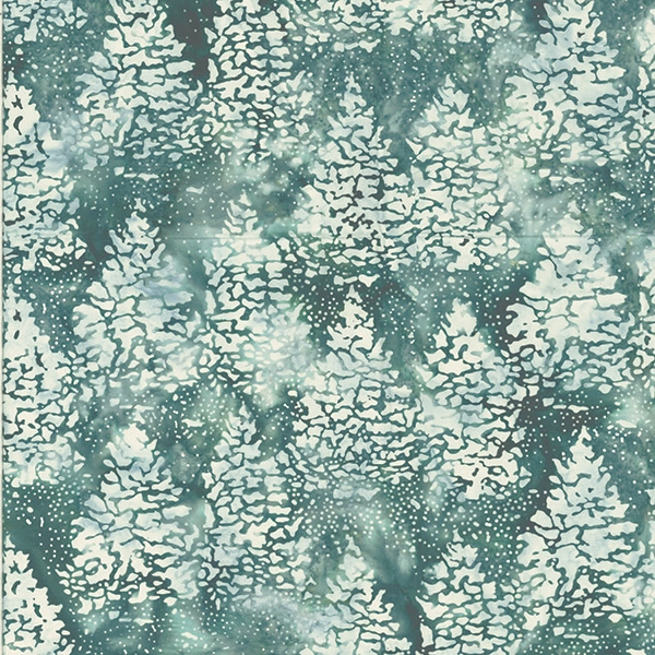 Batik fabric in snowy tree print in cool gray/green tones