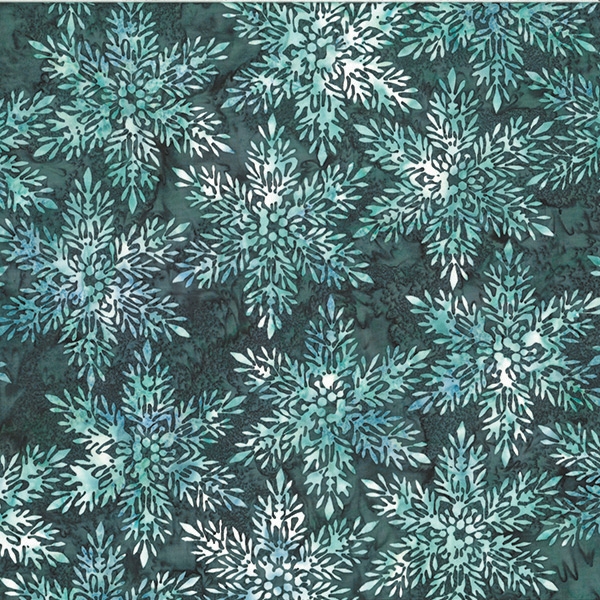 Batik fabric in snowflake print in charcoal gray and teal tones