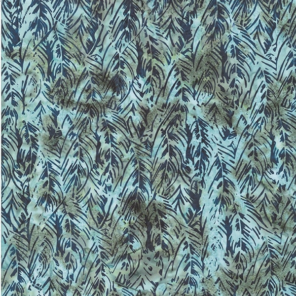 Batik fabric in abstract leaf print in teal blue/green tones