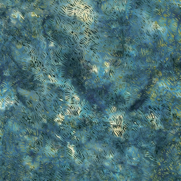 Batik fabric in hash mark print in teal blue and green tones