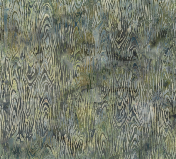 Batik fabric print of wood grain in neutral shades of green and dusty blues.