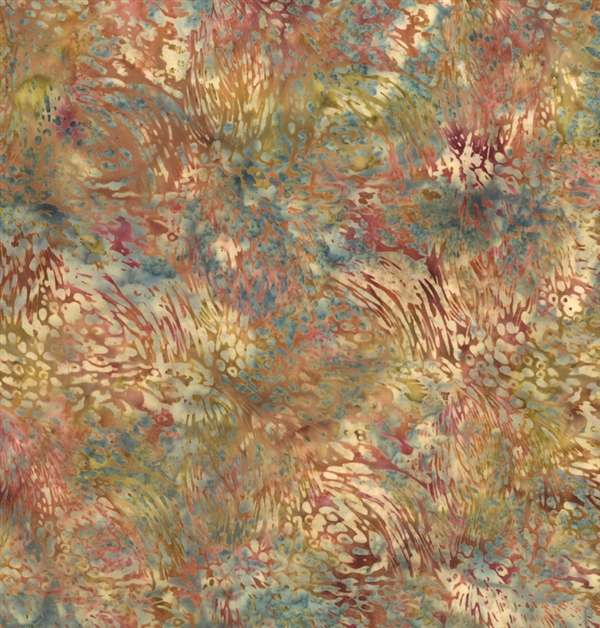 Batik fabric print of feathers in wine reds and yellow-greens with a cream and dusty blue mottled background.