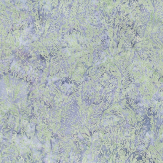 Kale texture batik fabric in light green with a mottled lavender purple background.