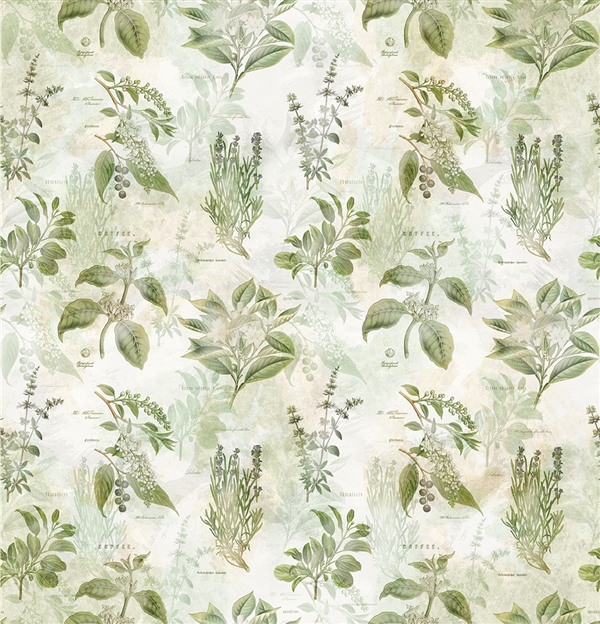 Herb digital print fabric in green and cream tones