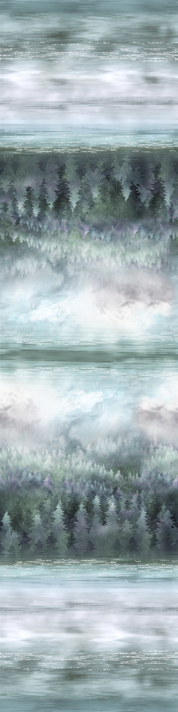 Winter Sky Trees Water in cloudy evening gray green and blue-purple tones in a digital print fabric